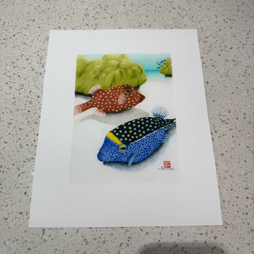 Blue and Brown Spotted Fish Art Print - Coastal Wall Art. Giclee